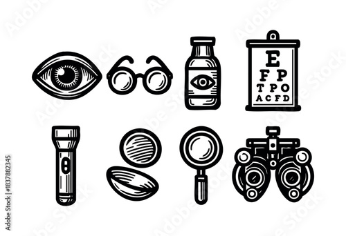 Set of vision-related objects in a black and white graphic style, including an eye, glasses, and eye chart — stock vector.