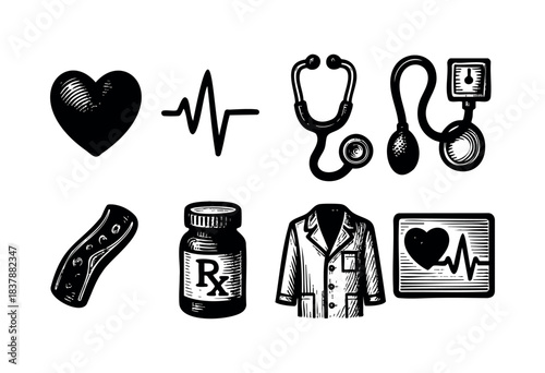 Set of medical icons including a heart, heartbeat, stethoscope, and blood pressure cuff in a hand-drawn vintage style — stock vector.
