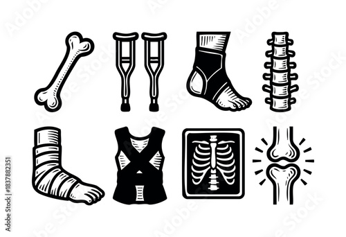 A set of orthopedic related elements in a woodcut style black and white design, including a bone, crutches, ankle support, spine, cast, rib cage x-ray, back brace, and joint — stock vector.