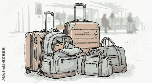 A charming hand-drawn illustration features a collection of travel luggage, including suitcases, a backpack, and duffel bags, ready for an exciting journey.