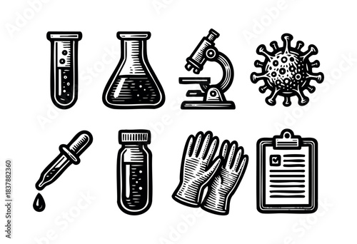 A collection of science and laboratory equipment in retro woodcut style — stock vector.