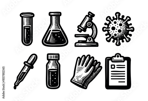 Collection of vector icons of medical laboratory equipment, including test tube, microscope, flask, and virus, in black and white — stock vector.