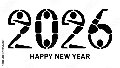 Year of the Human Spirit: A minimalist yet profound illustration symbolizing the dawn of 2026, where the numerical digits are artfully composed of human forms in dynamic yoga poses.