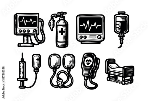 Monochrome hand-drawn icon set featuring medical tools and equipment, on a white background — stock vector.