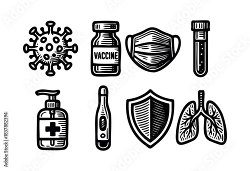 A collection of virus protection icons in black and white, including a virus, vaccine, mask, test tube, sanitizer, thermometer, shield, and lungs — stock vector.