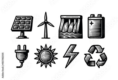 Set of vector icons representing various sustainable energy sources in a vintage engraving style — stock illustration.