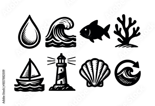 Black and white icons depict a water drop, wave, fish, coral, sailboat, lighthouse, seashell, and circular water flow — stock vector.