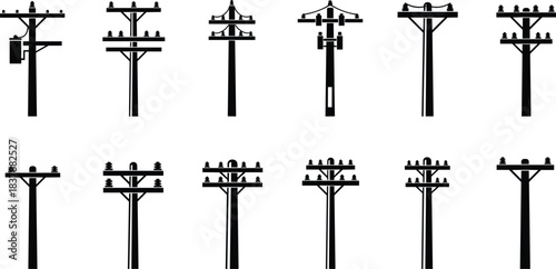 Set of twelve utility pole silhouettes, electrical transmission and distribution technical illustrations