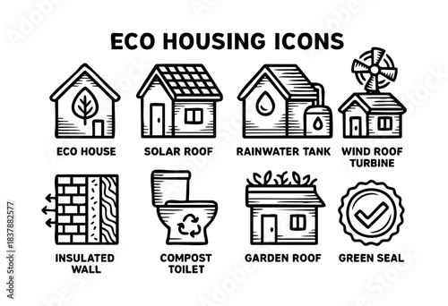 A collection of eco-friendly housing icons, including solar panels, rainwater tanks, green roofs, and compost toilets — stock vector.
