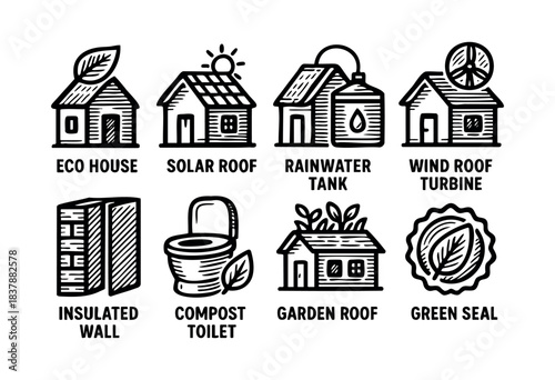Set of hand-drawn icons showcasing eco-friendly home features, including solar roof, rainwater tank, and compost toilet — stock vector.