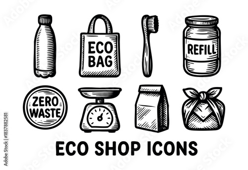 Collection of hand-drawn icons representing a zero-waste lifestyle, featuring items like a reusable bottle, eco bag, toothbrush, and refill jar — stock vector.