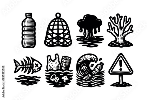A set of black and white icons depicting various aspects of marine pollution, including plastic waste, oil spills, and the impact on marine life — stock vector.