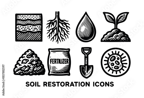 Collection of soil restoration icons in a hand-drawn style featuring soil layers, roots, a water drop, seedling, compost, fertilizer, shovel, and microbes — stock vector.