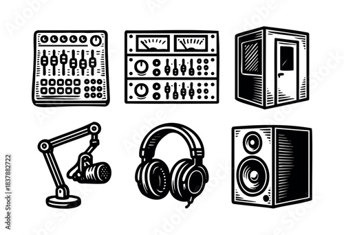 A set of icons featuring podcast studio equipment in black and white — stock vector.