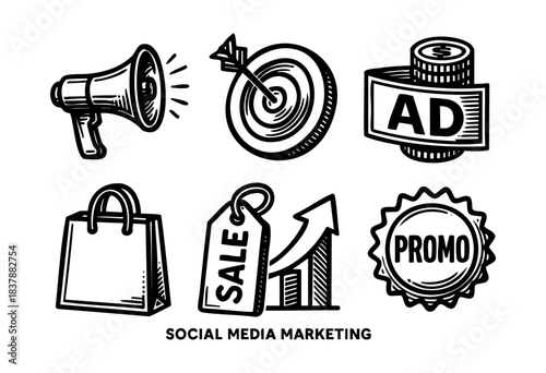 Doodle vector icons representing social media marketing elements like a megaphone, target, and shopping bag are isolated on white — stock vector.