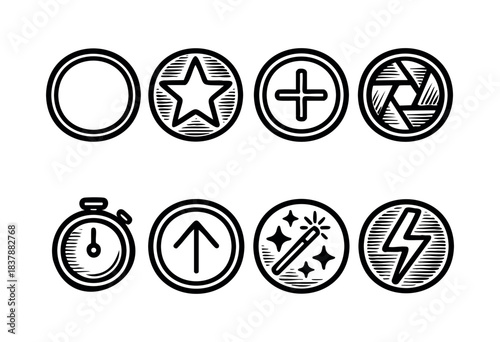 Hand-drawn icons featuring a variety of symbols are presented in a simple black and white doodle style — stock illustration.