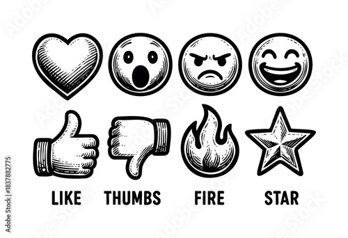 Engraved style icons representing heart, surprised, angry, laughing, like, dislike, fire, and star — stock vector.