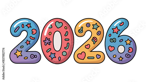 Year 2026: A vibrant and playful illustration of the year 2026, crafted with a whimsical assortment of decorative elements. It's a joyful, optimistic representation.