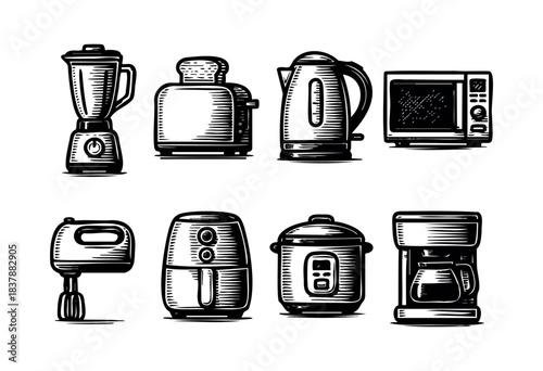 A set of kitchen appliances illustrated in a vintage, woodcut style — stock illustration.