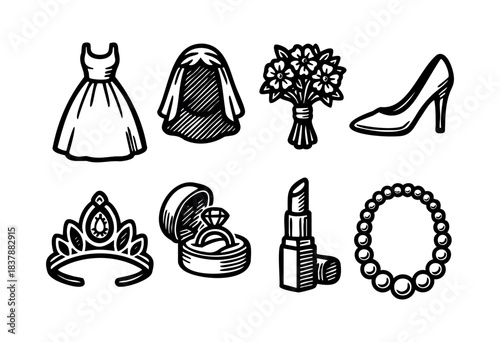 A collection of outlined icons representing wedding essentials like a dress, veil, bouquet, heels, tiara, ring, lipstick, and necklace — stock vector.