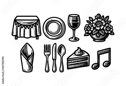 A set of dining and event themed icons depicts a table, plate, silverware, wine, dessert, flowers, and music in a black and white style — stock vector.