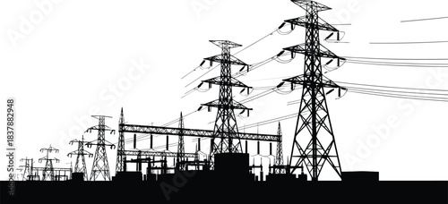 Silhouette of Electrical Substation and Transmission Towers at Dusk, High Voltage Power Lines, Transformers, Circuit Breakers, Industrial Energy Infrastructure Illustration