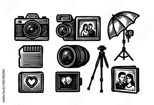 A monochrome vector illustration depicts various wedding photography equipment and moments in a woodcut style — stock vector.