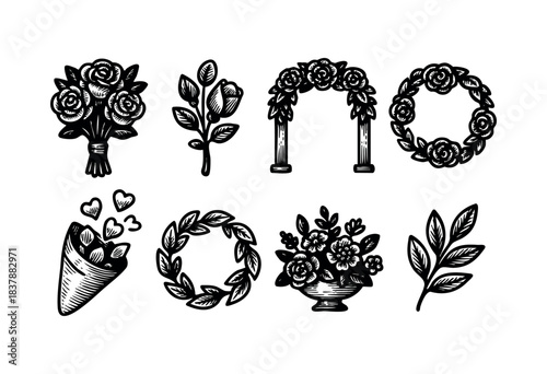 A collection of hand-drawn floral wedding and love elements in black and white — stock illustration.