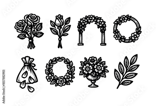 Hand-drawn floral decorative elements for weddings and celebrations in black and white — stock illustration.