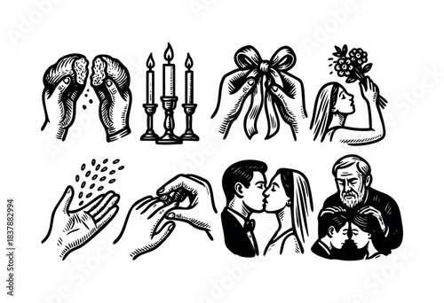 A set of illustrations showing wedding rituals including breaking bread, unity candle, tying ribbon, bouquet toss, rice toss, ring exchange, first kiss, and family blessing — stock vector.