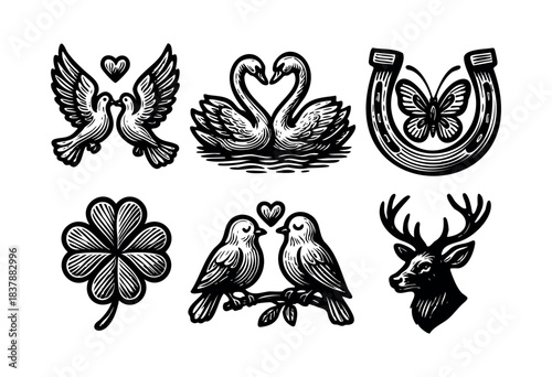 A collection of vector symbols including love birds, swans, a deer, a clover, and a horseshoe with a butterfly in a vintage woodcut style — stock vector.