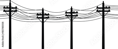 Silhouette of five utility poles with sagging power lines against minimalist sky, electrical distribution infrastructure, telecommunication wires, industrial landscape, vector illustration