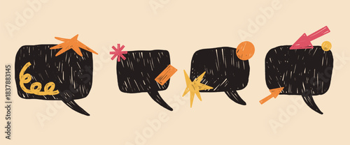 speech bubbles promo stickers crayon naive drawn. Chat dialogue with sparks, arrows. Text boxes sketches with chalk-like texture. Hand-drawn black doodle elements. Vector message elements isolated.