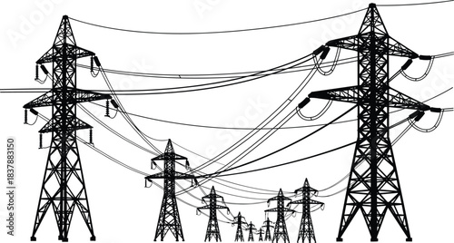 Silhouette of High Voltage Transmission Towers and Interconnected Power Lines, Industrial Energy Infrastructure, Electric Grid Network, Long Distance Electricity Transport