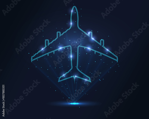 Futuristic hologram projection of a wireframe airplane beamed from a laser source with glowing particles. Ideal for tech travel brands aviation innovation digital campaigns sci fi global connectivity.