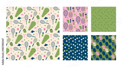 Tennis sport girly flat seamless pattern collection. Active rackets and balls backdrops. Sport-themed repeating print for wrapping paper, backgrounds, or textile design. Vector coquette aop bg.