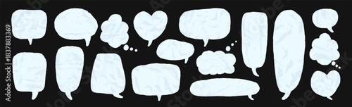 Crumpled paper speech bubbles with torn edges. Creative dialogue stickers blanks for comic chat templates, scrapbook and playful retro messaging designs. Vector text boxes isolated no background.