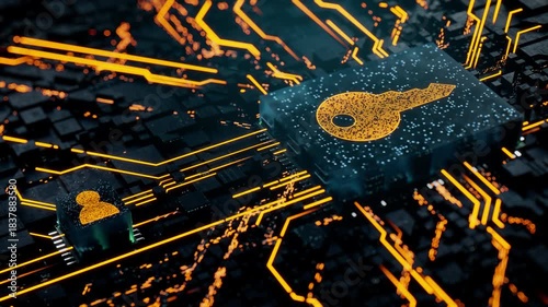 Security Technology Concept with key symbol on a Microchip. Orange Neon Data flows between the CPU and the User across a Futuristic Motherboard. Seamless Loop.