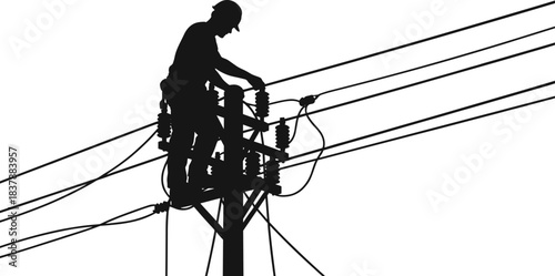 Silhouette of utility worker on power pole, lineman performing high voltage line inspection and maintenance, helmeted technician, climbing gear, electrical infrastructure safety