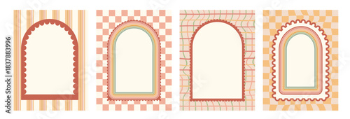 Arch scallop frames on checkerboard and grid banner set. Wavy edges doodle templates. Wave arc borders background. Poster invitation blank with door portal and rainbow stripes bg. Vector illustration.