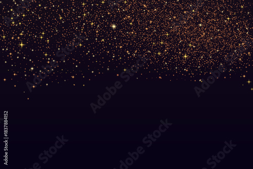 Bronze glitter dust background. Shimmer golden spray effect for Christmas banners. Shiny confetti, stardust light powder texture. Festive particles border on dark background. Vector illustration.