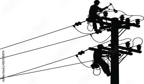 Silhouette utility linemen working on high voltage power pole, electrical line maintenance, safety gear, climbing harnesses, industrial infrastructure, transmission lines