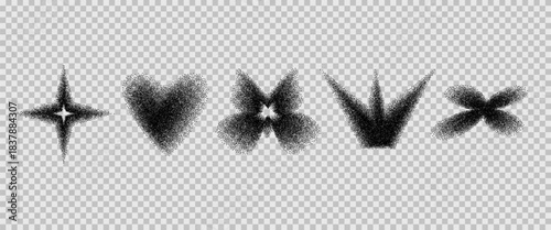 Ink paint spray noise gradient icon figures. Grain gradation star and heart dot airbrush spray shapes. Butterfly, crown forms. Vector grainy dots retro figures isolated on checkerboard backdrop.