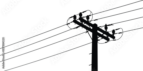 Silhouette Utility Pole and Power Lines at Dusk, Crossarm Insulators, Electrical Distribution Infrastructure, Minimal Vector Design for Urban Energy Concepts