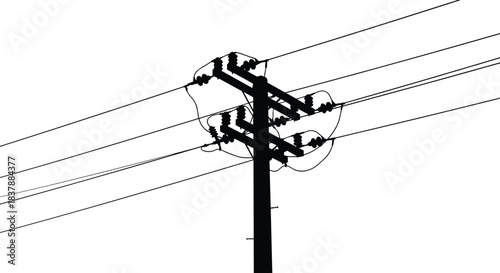 Silhouette utility pole with high-voltage power lines, insulators and crossarms, electrical infrastructure against sky, transmission network, urban and rural energy distribution