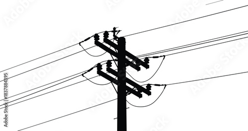 Silhouette utility pole with multiple crossarms, overhead power lines network, electrical distribution infrastructure, insulators and suspended wires against sky urban minimalist backdrop