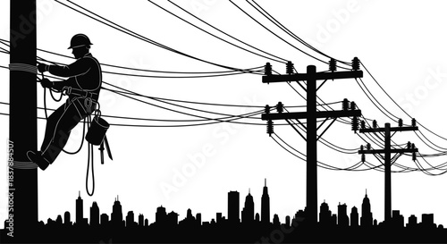Silhouette Utility Worker Climbing Power Pole, Urban Electrical Line Maintenance, Safety Harness and Helmet, City Skyline Background, Networked Power Poles