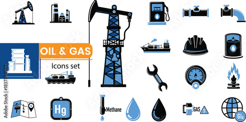 Oil And Gas Industry Icons Set With Equipment And Resources vector illustration