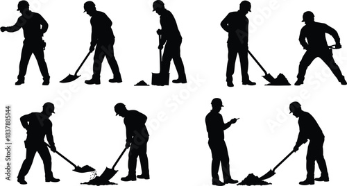 Silhouettes of Six Construction Workers Digging with Shovels, Helmets, Manual Labor Teamwork, Safety Gear, Industrial Site, Excavation, Worksite Activity