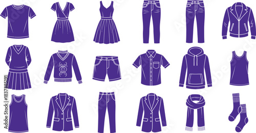 Purple clothing icons on a white background Top to bottom left to right.